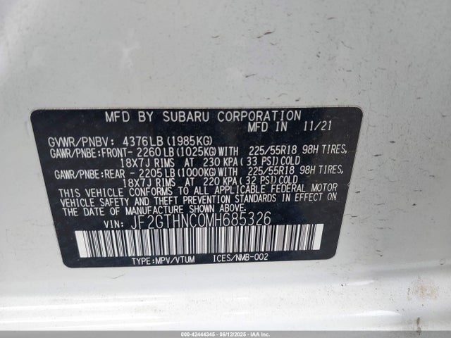 Subaru na 2021 JF2GTHNC0MH685326 Image 9