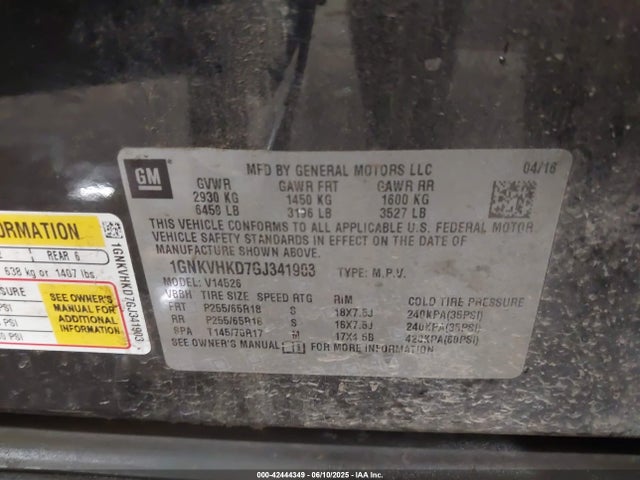 1GNKVHKD7GJ341903 Chevrolet llt - sidi, alum, 60 degrees