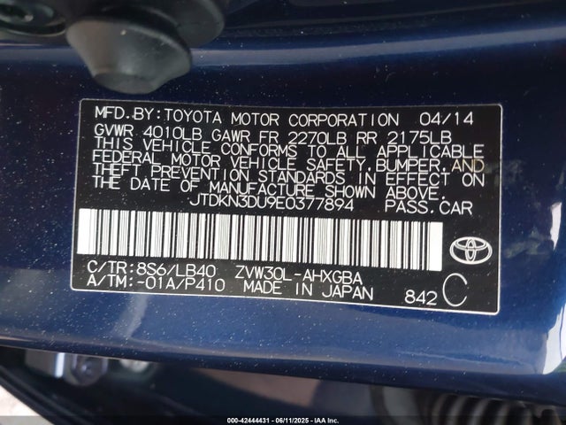 JTDKN3DU9E0377894 Toyota 2zr-fxe+3jm