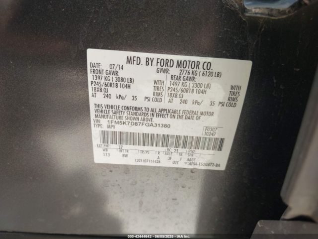 1FM5K7D87FGA31380 Ford EXPLORER XLT