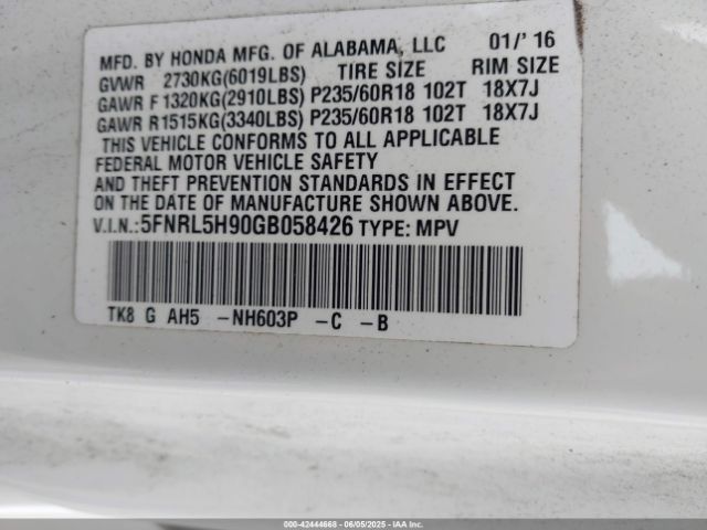 5FNRL5H90GB058426 Honda Odyssey Touring/touring Elite