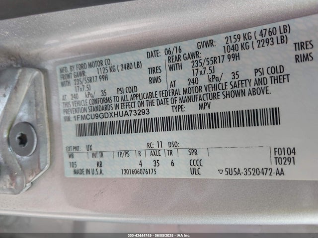 1FMCU9GDXHUA73293 Ford ESCAPE SE