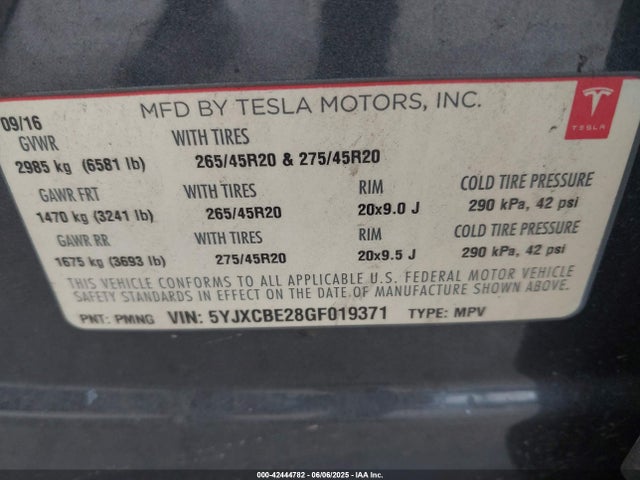 2016 TESLA MODEL X 5YJXCBE28GF019371 Photo 8