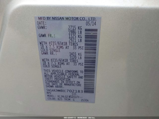 5N1AR2MM8EC702183 Nissan Pathfinder Sl