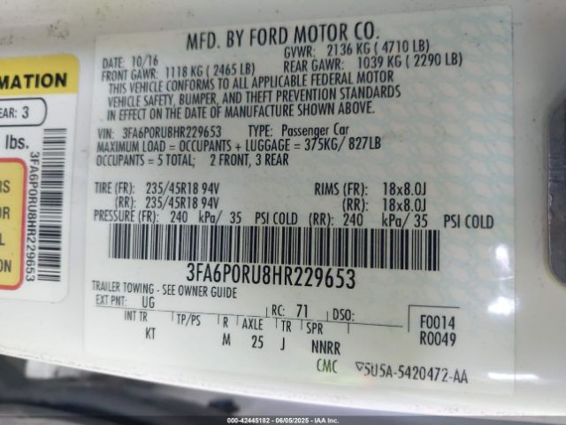 3FA6P0RU8HR229653 Ford Fusion Hybrid Titanium
