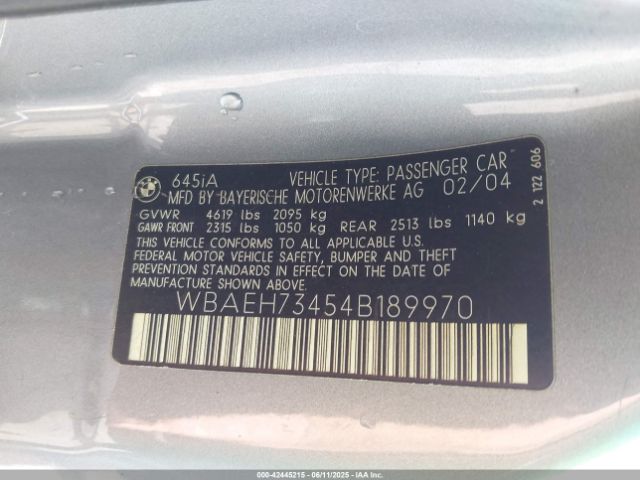 2004 BMW 645CI WBAEH73454B189970 Photo 8