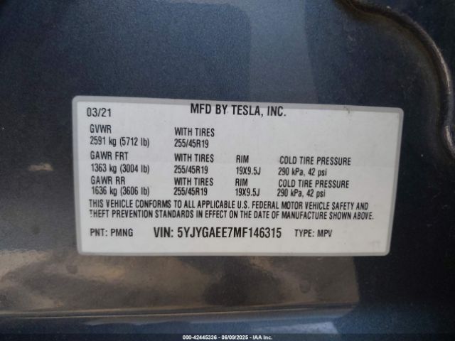 2021 TESLA MODEL Y 5YJYGAEE7MF146315 Photo 8