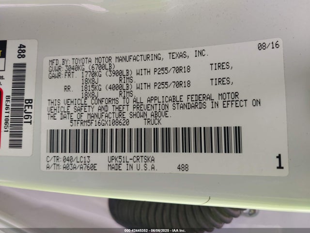 5TFRM5F16GX108620 Toyota 1ur-fe