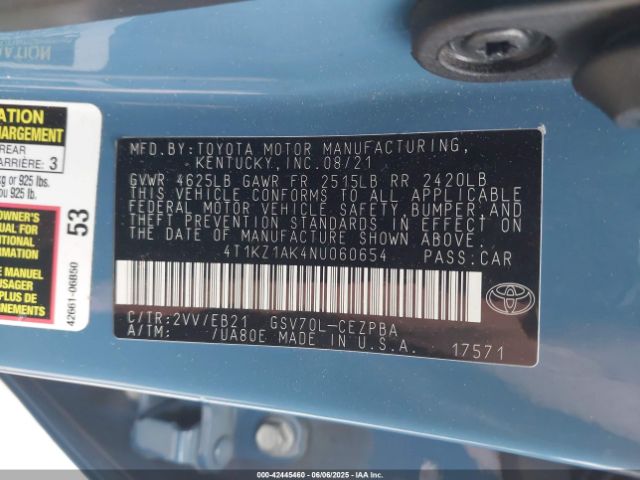 2022 TOYOTA CAMRY 4T1KZ1AK4NU060654 Photo 8