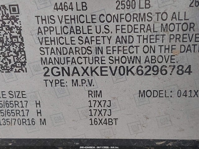 2GNAXKEV0K6296784 Chevrolet lyx - direct injection, vvt, fgt, turbo, alum, gen1