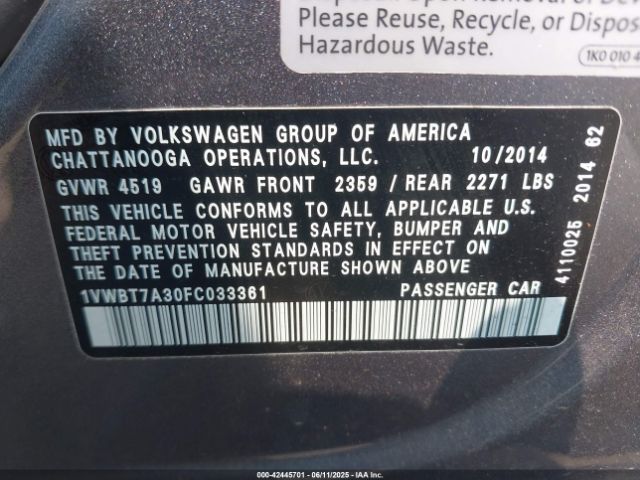 2015 VOLKSWAGEN PASSAT 1VWBT7A30FC033361 Photo 8