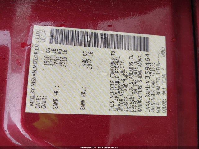 42445826 :رقم المزاد ، 1N4AL3AP1FN359464 vin ، 2015 Nissan Altima 2.5 Sl مزاد بيع