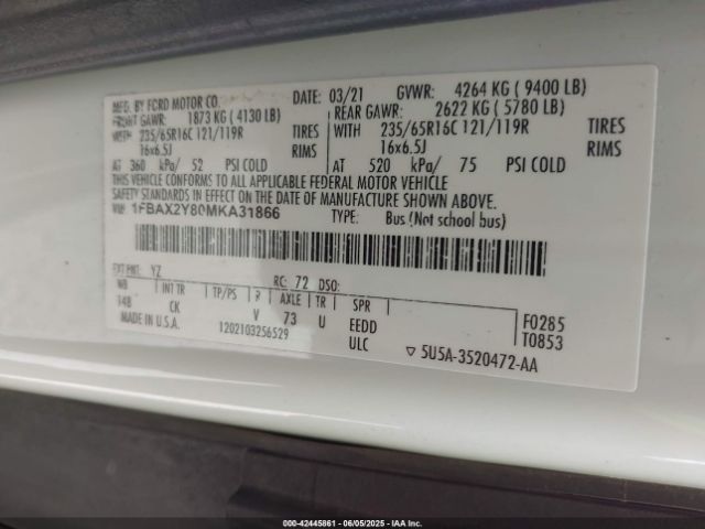 1FBAX2Y80MKA31866 Ford Transit-350 Passenger Van Xlt