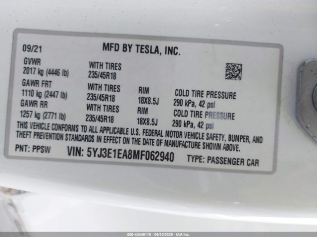 2021 TESLA MODEL 3 5YJ3E1EA8MF062940 Photo 8