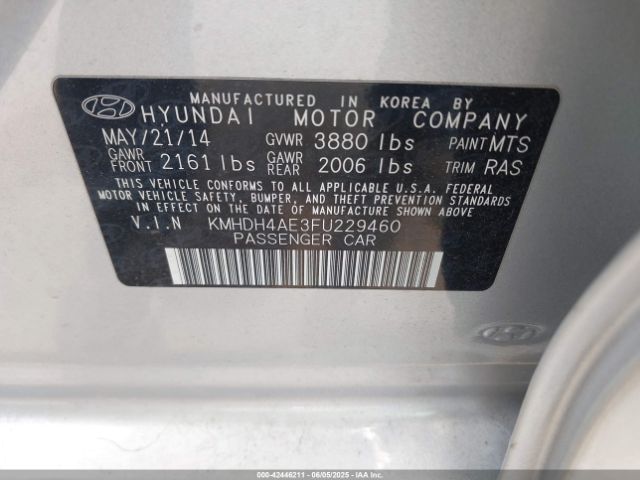 KMHDH4AE3FU229460 Hyundai ELANTRA SE