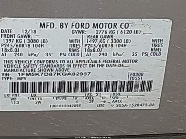 2019 FORD EXPLORER 1FM5K7D87KGA82937 Photo 8