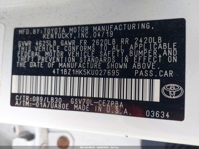 4T1BZ1HK5KU027695 Toyota Camry Xse V6