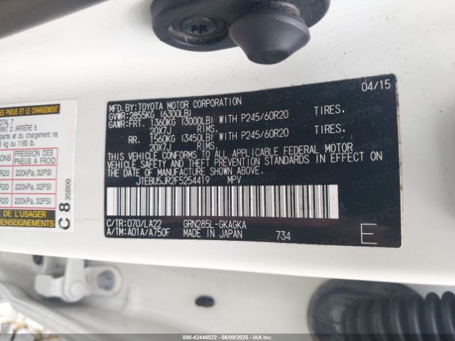 JTEBU5JR2F5254419 Toyota 4runner Limited/sr5/sr5 Premium/trail/trail Premium/trd Pro