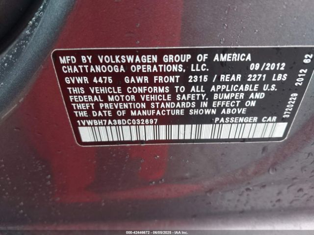 2013 VOLKSWAGEN PASSAT 1VWBH7A38DC032697 Photo 8