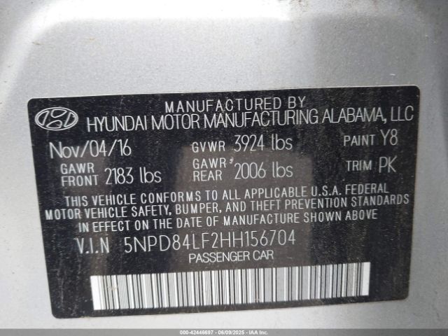5NPD84LF2HH156704 Hyundai 2017