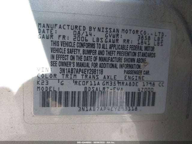 3N1AB7AP4EY298118 Nissan 2014