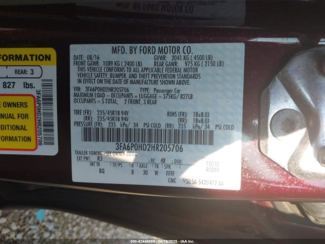 2017 FORD FUSION 3FA6P0HD2HR205706 Photo 8