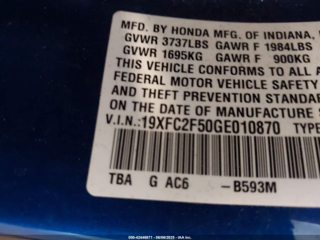 2016 HONDA CIVIC 19XFC2F50GE010870 Photo 8