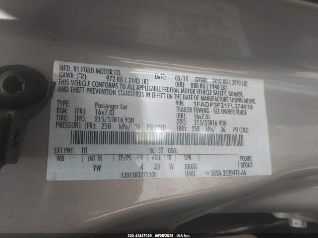 1FADP3F21FL274618 Ford FOCUS SE