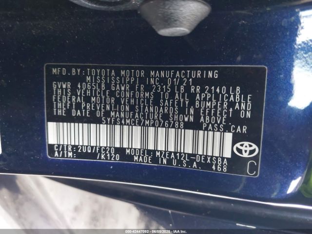 5YFS4MCE7MP076788 Toyota COROLLA SE