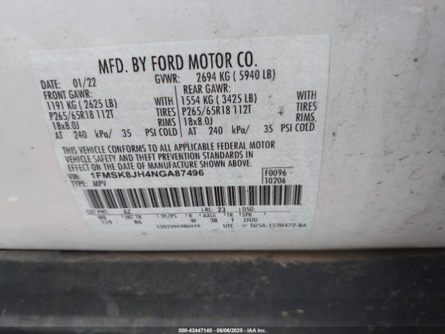 1FMSK8JH4NGA87496 Ford ecoboost