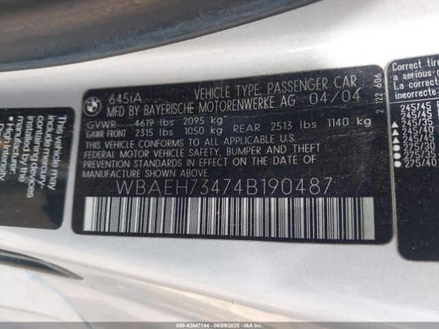 2004 BMW 645CI WBAEH73474B190487 Photo 8