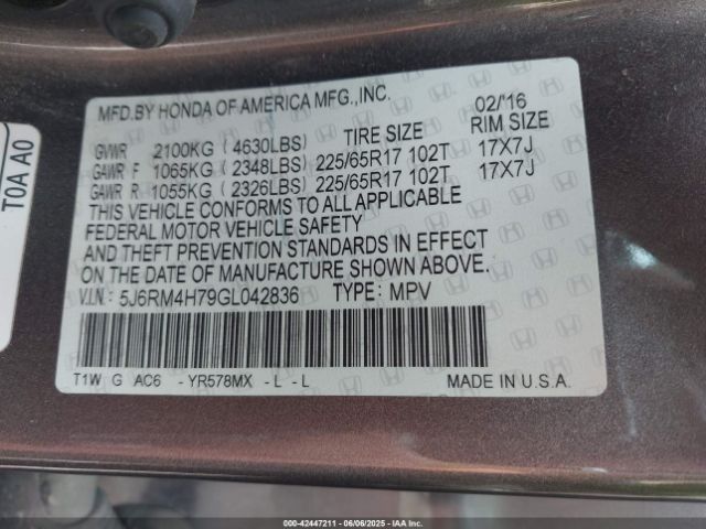 5J6RM4H79GL042836 Honda Cr-v Ex-l