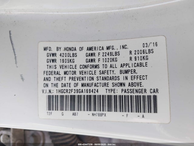 1HGCR2F39GA169424 Honda k24w1