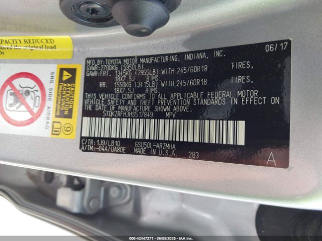 5TDKZRFH3HS517849 Toyota Highlander Xle