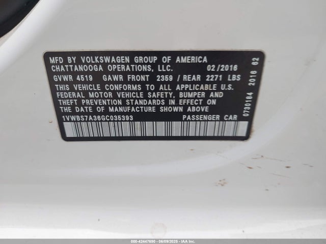 1VWBS7A36GC035393 Volkswagen 2016