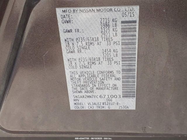 5N1AR2MN7FC671003 Nissan Pathfinder Sv