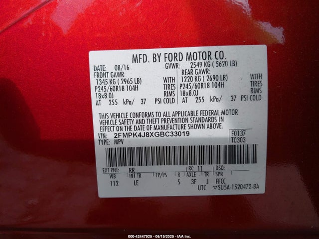 Ford 2016 2016 2FMPK4J8XGBC33019 Image 9