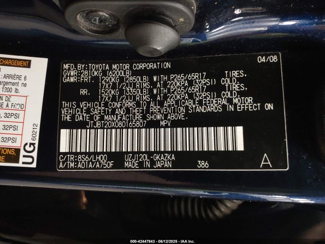 2008 LEXUS GX 470 JTJBT20X080165807 Photo 8