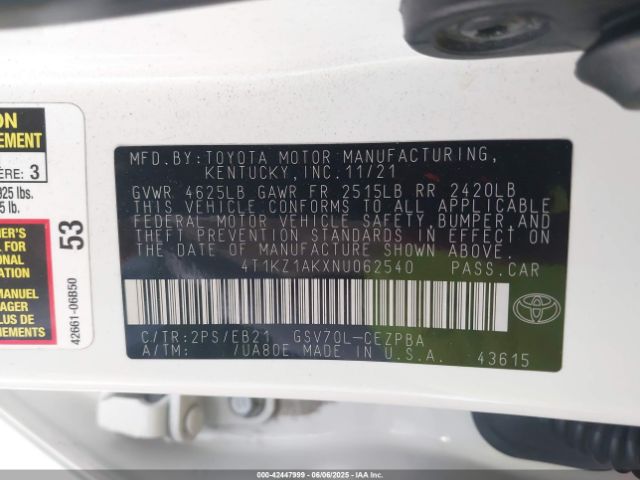 2022 TOYOTA CAMRY 4T1KZ1AKXNU062540 Photo 8