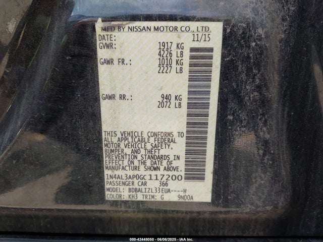 1N4AL3AP0GC117200 Nissan Altima 2.5 Sv