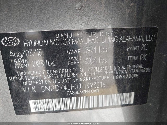 5NPD74LF0JH393216 Hyundai mpi nu
