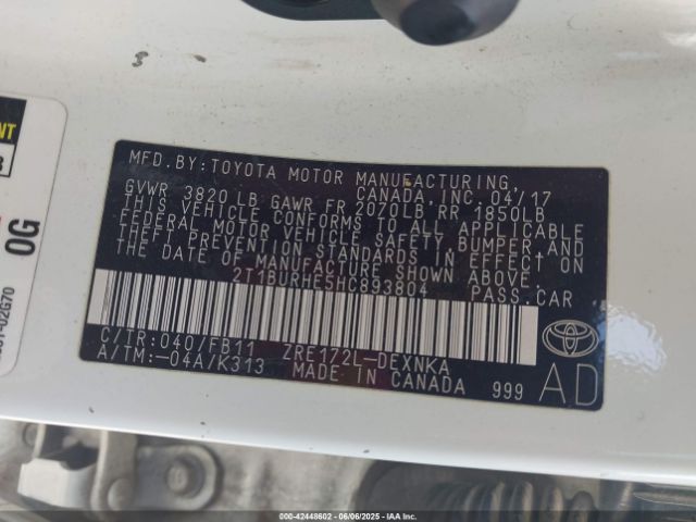 2T1BURHE5HC893804 Toyota COROLLA LE