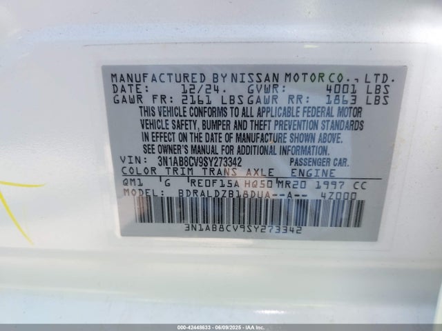 3N1AB8CV9SY273342 Nissan SENTRA SV