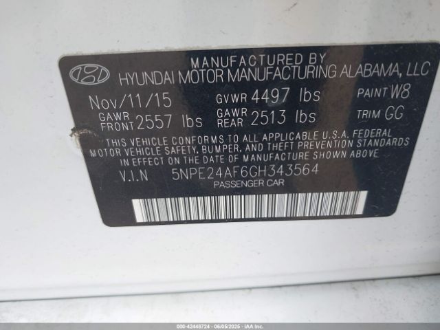 5NPE24AF6GH343564 Hyundai SONATA SE