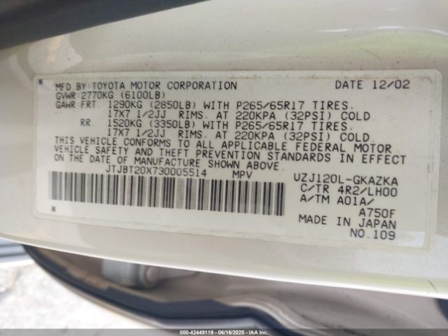 2003 LEXUS GX 470 JTJBT20X730005514 Photo 8