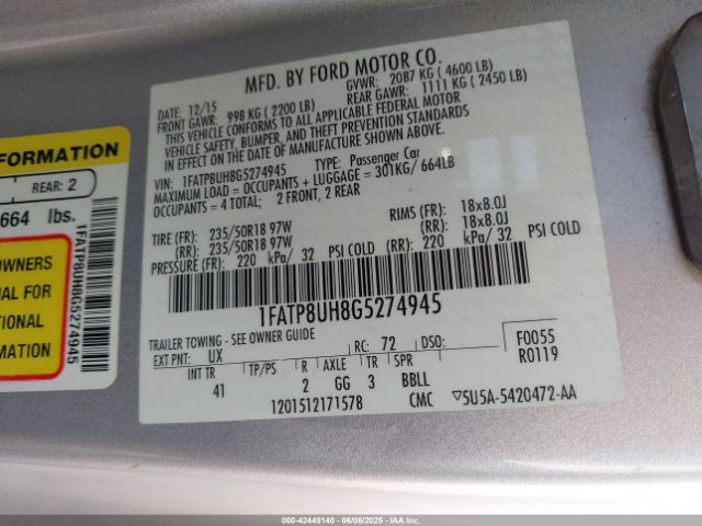 2016 FORD MUSTANG 1FATP8UH8G5274945 Photo 8