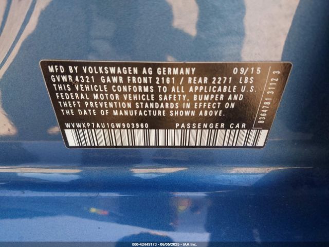 WVWKP7AU1GW903960 Volkswagen 2016