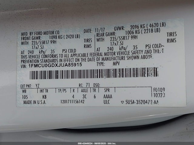 1FMCU0GDXJUA85915 Ford 1.5l gtdi sigma w/premium fuel