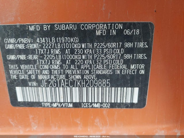 JF2GTAEC7KH209885 Subaru naturally aspirated