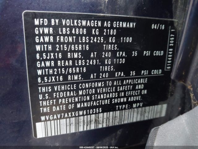 WVGAV7AXXGW610355 Volkswagen TIGUAN S
